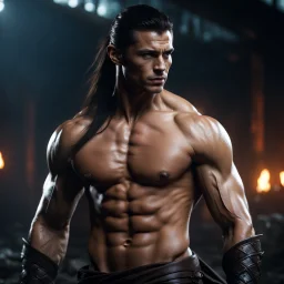Shirtless Handsome alpha warrior with long dark hair pulled back in a pony tail. photorealistic. 4k. Dark Fantasy