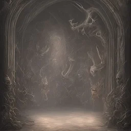 Gates of hell, Huge Door slightly opened, path of pain and suffering, walls made of skeletons, scream