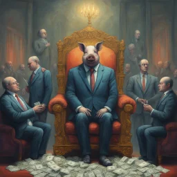 rich pig in suit on a throne making stacks of money by making a deal with a buisnessman. background of musicians. Payday payday. beksinski style. politicians