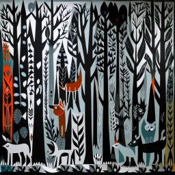 A gray woods with singing wolves designed in Javanese shadow puppets painted by Stuart Davis