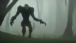 giant humanoid alien emerging from the forest into the plain