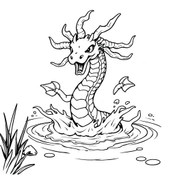 Make black and white cute drawing of a multi-headed hydra with black bold lines. Only outline, no grayscale. A multi-headed hydra is splashing in a magical lake.