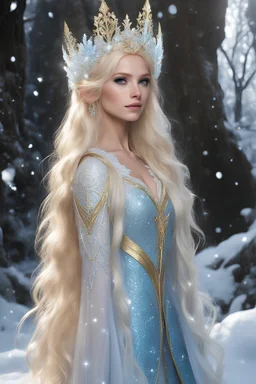 Elven princess,blonde gold hair,rapunzel hair,very long hair,elven crown, light blue, white, ice, glitter,sparkle,ice flowers,elven ears,fairy princess, ice fairy,golden armor,ice crystals