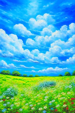 impressionism nature peace communication compassion tranquility blue sky meadow fluffy clouds flowers monet expressionism