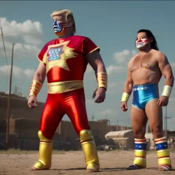 Realistic image of Donald trump wrestler, Mexican wrestling style, Mexican wrestling mask for eyes, red and blue breeches, glow us flag dress, suspenders, retro style, 80s, vibrant color, highly detailed, sky background, concept art, unreal engine 5, god rays, ray tracing, RTX, lumen lighting, ultra detail, volumetric lighting, 3d, finely drawn, high definition, high resolution.