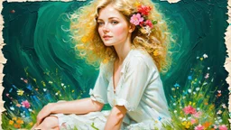 dark green background, abstract art complementary colours fine details , old torn worn paper, peeling, high grain, portrait of blonde woman , flowers in hair, acrylic, alcohol ink, fine drawing, A blonde woman in her 40s, with flowers woven into her loose, curly hair, sits in a whimsical, fairy-tale setting, surrounded by delicate swirling patterns reminiscent of the textures of old torn paper, in a vibrant, abstract style combining acrylic and alcohol ink techniques, with fine detailing that hi