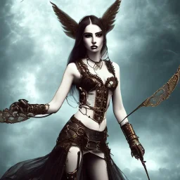 steampunk, gothic makeup, female monk, falling from heaven, long hair, full-body