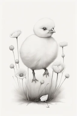 A white baby chick Minimalist white ink pencil and white drawing of white poppies in a white background