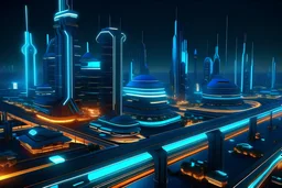 Generate a futuristic rendition of the Chennai skyline at night, with illuminated skyscrapers, glowing bridges, and sleek futuristic transportation systems.