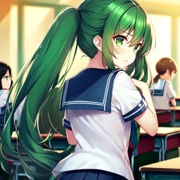 girl, masterpiece, best quality, cinematic lighting, detailed outfit, perfect eyes, long hair, green hair, green eyes, twin ponytail, school outfit, angry, looking back, classroom,