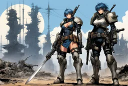 haiku by masamune shirow: post-apocalyptic desolated city. Three bioroids: death with a blade, dust with a rifle, and rust with a club.