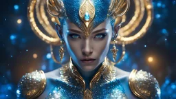 female humanoid, male alien, double exposure, silver skin, slender muscular warrior, tentacles, gold, blue, copper-zinc orichalcum jewelry and piercings, beautiful face, mesmerizing starry eyes, smooth translucent skin, hourglass, glowing, glare, size DD.