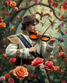 Gorgeous Photography Handsome Prince playing violinist in Wild garden,flower,birds surrounding,fractal ornamentation, over detailed, gloriously full and confusing, nothing that really exists, everything made up, fantasy world, sweet briar, photography graphic art, song birds, ochre rose,rose buds, dewy morning, forest of oaks