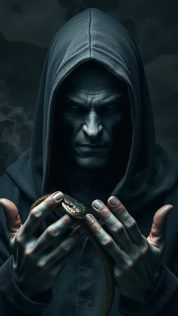 Portrait of aa evil gray skin male hooded Cary with both hands a snake in front. A lot of smoke on the background