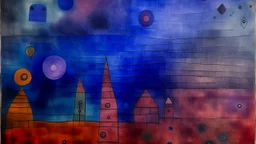 A purple space nebula with spirits painted by Paul Klee