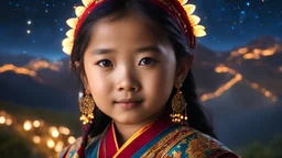 little very young Tibetan girl, beautiful, peaceful, gentle, confident, calm, wise, happy, facing camera, head and shoulders, traditional Tibetan costume, perfect eyes, exquisite composition, night scene, fireflies, stars, Himalayan view, beautiful intricate insanely detailed octane render, 8k artistic photography, photorealistic concept art, soft natural volumetric cinematic perfect light, chiaroscuro, award-winning photograph, masterpiece, Raphael, Caravaggio, Bouguereau, Alma-Tadema