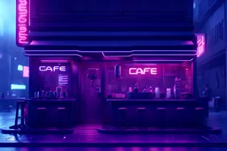 3d rendered realistic scene cyberpunk cafe, front view with signage, street