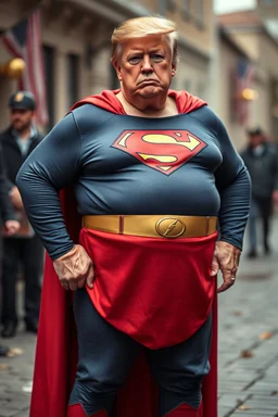 a thoroughly confused, frail, elderly and obese donald trump standing dressed as superman