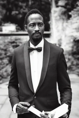 Dashing black man in a suit, holding a deck of cards. There's a young fey dragon with him.