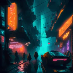 a busy street, neon signs, dark fantasy, imposing, highly detailed, surrealistic, cyberpunk 2077, dark shadows, sci-fi dystopian, gritty