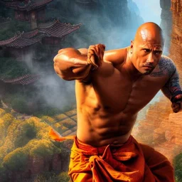 Fantasy, Dwayne Johnson as shaolin monk, heroic, award winning, insanely detailed, sunlit, realistic, fighting,acrylic paint, 8k resolution, hdr