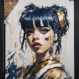 A portrait of a Singer Melanie Martinez face, cyberpunk, painting by Yoji Shinkawa, darkblue and gold tones,