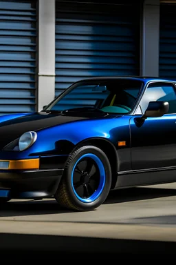 black porche 944 with tinted windows matte black paint and two electic blue stripes runing down the front