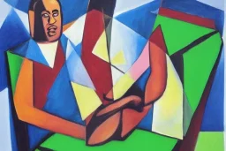 Cubist painting of a gary coleman sitting on a green table