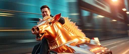 motion blur, close up, portrait of slick Elon Musk riding an awesome spaceship in copper, fast one in the shape of a horsepig is half horse half pig, now its gonna do an awesome gig , bokeh like f/0.8, tilt-shift lens 8k, high detail, smooth render, down-light, unreal engine, prize winning