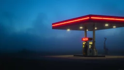 Ethereal gas station at blue hour, bathed in the soft glow of twilight, with an old neon sign flickering, surrounded by mist-shrouded fields and a lone figure standing near the pumps, capturing a sense of mystery and solitude