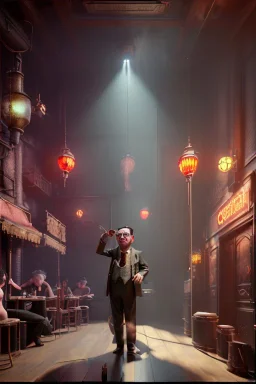 Waist up view cabaret scene, steampunk. old Asian man + little monkey, Sunglasses, smoking, happy, hot. Many people background, highly detailed, concept art, unreal engine 5, god rays, ray tracing, RTX, lumen lighting, ultra detail, volumetric lighting, 3d, finely drawn, high definition, high resolution.