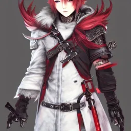 final fantasy 14, final fantasy, detailed anime boy, crimson red hair, wolf ears protruding, white trench coat, intricate details, full body portrait, keep head in frame, slight smile with a single fang exposed, black Japanese motif, concept art, highly detailed, digital painting, concept art, sharp focus, illustration, art by Yoji Shinkawa, WLOP and greg rutkowski and alphonse mucha and artgerm and yanjun Chen and Junji ito and Makoto Shinkai, HDR, octane render