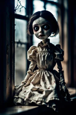 looking at the camera a high realistic porcelain puppet doll, old, dirty with old dress, sitting on shelf, in background blur cracked window. The figure has cracked face and head, and piercing big black eyes. High contrast, cinematic, thriller, dark, atmospheric. Surreal style , perfect composition, sharp focus, intricate details, crepy stunning horror vibe