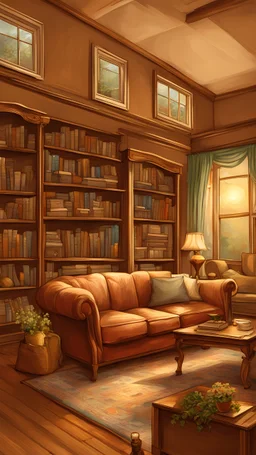 a drawing of a living room with a couch, cozy home background, thomas kinkade. cute cozy room, cozy living room background, alchemist library background, pleasant cozy atmosphere, painting of a room, cute room, cozy atmosphere, personal room background, photorealistic room, reading nook, warm interiors, cozy wallpaper, warm living room, a room