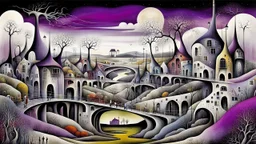 whimsical, weird long thin houses stand in village in weird whimsical landscape with long two bridges, , futur-surreal vibe with abstractions, around surreal cracked painted weird land with dark purple, gray, black, white, brown colors. style of Chagall , of Minjae Lee and Tim Burton, absurd beauty picture. weird bizarre absurd, nightmare, big neuron network clouds background and thin bridges, and abstract shapes, surreal stunning vibe