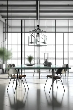 hyper realistic picture of a minimal industrial dining room with glass table and super modern forniture