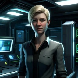 A well groomed corporate scientist with light stubble and short blonde hair in a spaceship lab realistic grimdark