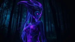 holographic glitch imitation, alien xenobiotic girl with beautiful purple body against dark night forest, split toning effect, subsurface gaussian scattering, dark fantasy, dark botany, photorealistic image, super detail, artistic elven fantasy, filigree, dark botany, ultra detail, dark botany, photorealistic image