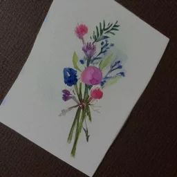 tiny watercolor of single long stem pressed flower, delicate arrangement, etsy, aesthetic layout, white parchment