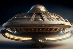 Expressively detailed 3d rendering of a hyperrealistic flying saucer, UFO, renaissance, jules verne, symmetric, front view, detailed with cogs and cables