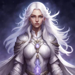 Generate a dungeons and dragons character full body portrait of a beautiful female cleric of peace aasimar blessed by the goddess Selune. She has white hair and is surrounded by moonlight. She has pale purple eyes. She has some white feathers hanging in the lower part of her long hair. She has a youthful, mildly round face.
