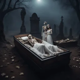 Hyper Realistic Center Top Angle Shot Of A Dead Married Couple (Man Skeleton In White Tuxedo & White Pant And Woman Skeleton In White Bride Gown) Both Lying In A Coffin With Their Skeletons, in A Spooky Cemetery At Dark Foggy Night Showing Dramatic And Cinematic Ambiance.