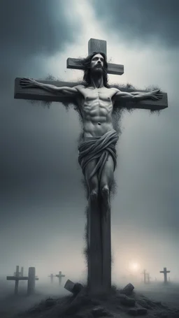 ,surrealism of the dark of a nightmare , hyper photorealistic, hyper detailed bright art color, high resolution, fog, octane render, tilt shift, HDRI Environment, all pictures dark gray, status of Jesus on the cross