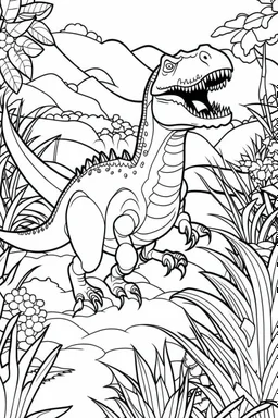 create a coloring page Illustrate a young T-Rex venturing out into its habitat for the first time, exploring its surroundings with curiosity. Kids can color the lush vegetation and other prehistoric creatures they encounter.ink drawing clipart, simple line illustrations, colored