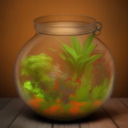 a glass jar terrarium filled with plants, highly detailed,red and orange out of focus background