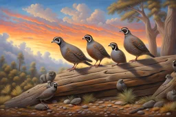 : A family of California quail (Callipepla californica) is out walking near an old log set against a colorful sky with clouds. The nature scene shows both the male and female both care for their offspring and takes place in nature with clean air, beautiful scrubs at the edge of a forest. Modifiers: elegant intricate beautiful award winning fantastic view ultra detailed Robert Bateman Carl Brenders Flo 'n Images Nancy Kaestner Hendry