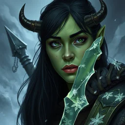 A digital illustration shoot from a portrait camera angle about a portrait of a young orc woman with dull green skin. In the middle of the image, a 20 years old orcish woman, appears to be looking at the viewer lost in thought. she has long black hair and is wearing armour. Fantasy, ice, magic