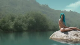 woman sitting on a rock, in a lake, green mottled skin, green hair, blue sky, white clouds