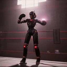 Cyberpunk robot, black girl, boxing in the ring, unreal engine 5, octane render,cinema4d, dynamic lighting, 8k, redshift render, highly, hyperrealism ultra detailed, hyper realistic.