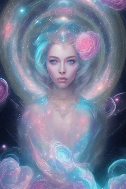 Create an image of a full body cosmic Goddess. The goddess should be depicted as a beautiful and powerful figure, surrounded by cosmic stars. Her hair should be long, blond and flowing, and she should be dressed in a flowing gown blue celestial robe. In the background, include imagery of pink flowers, blue sky,trees. The image should evoke a sense of joy, celebration, and spiritual connection to nature.